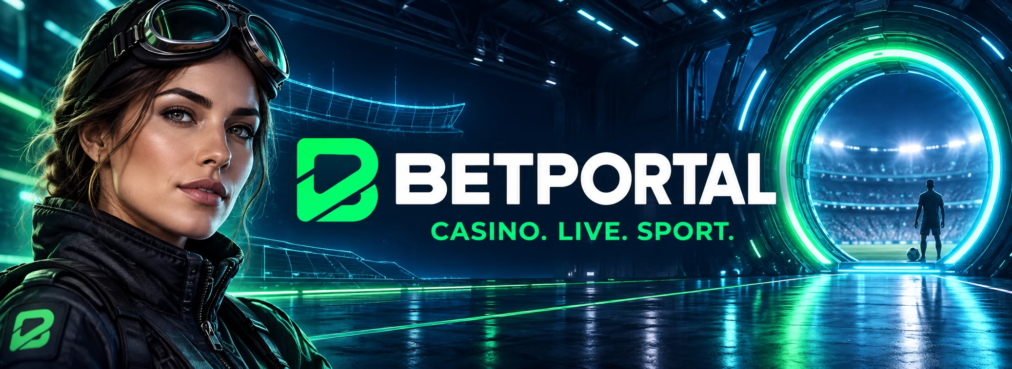 Betportal: Casino. Live. Sport., with an aviator and a portal opening onto a stadium